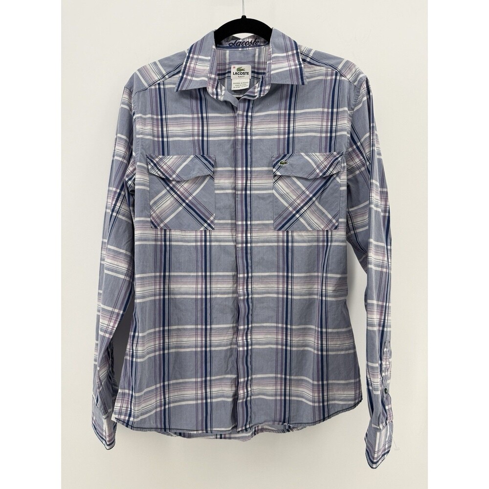 Lacoste Dress Shirt Mens 38 Plaid Slim Fit Cotton Button Up Long Sleeve